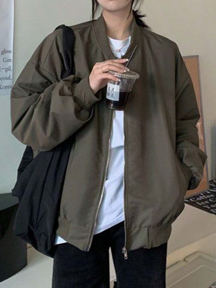 Chaqueta de béisbol de trabajo mujer, estilo retro, con cuello alto, ligera y holgada.Chaqueta de béisbol de trabajo para mujer, de estilo casual suelto, con cuello alto retro, ligera y versátil para el nuevo otoño chic - Verde militar - Ver 1