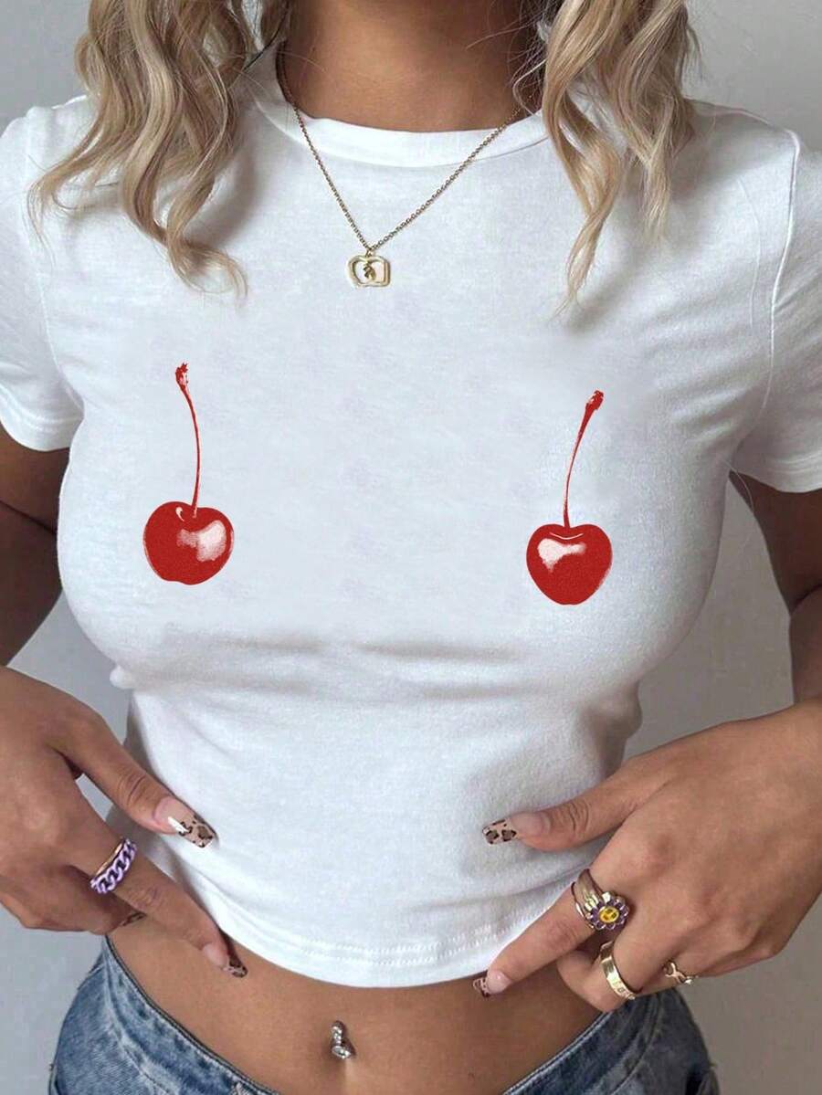 Crop top Camiseta corta Mujer Manga Corta estampada grafico cerezas cherrys diseño moderno juvenil Cuello Redondo Estilo Moderno Casual - Blanco - Ver 1