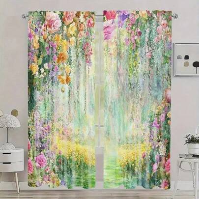 2 piezas Cortinas con patrón floral de acuarela - Diseño botánico elegante para dormitorio, sala de estar y cocina, decoración navideña