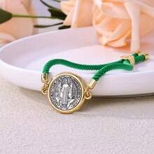 1pc 18K Gold Plated Zinc Alloy St. Benedict Medal Bracelet, Adjustable Red Cord, Christian Catholic Religious Accessory, Suitable For Women's Daily Wear, Ladies' Fashion Casual Woven Bracelet - Red - View 8