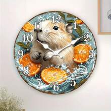1 Piece Quirky Water Buffalo And Orange Fruit Wall Clock - Modern Farmhouse Style Decoration, Green Leaf Background - Silent Quartz Movement No Ticking Sound - Wooden Frame Clock, Suitable For Living Room, Kitchen, Office - Perfect Christmas Thanksgiving Housewarming Gift - Batteries Not Included - Home Decoration, Artwork, High-Quality Craftsmanship, Unique Design
