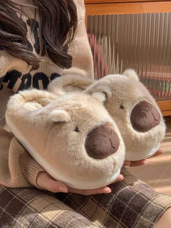 1 par de pantuflas casuales de suela gruesa con forro de felpa y diseño de dibujos animados, cálidas para otoño/invierno, unisex