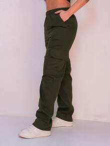 WOMEN'S SKATEBOARD WIDE TWILL CARGO JOGGER PANTS, CASUAL, 6 POCKETS, DRAWSTRING CLOSURE, UNISEX FASHION - 軍綠色 - 查看 5