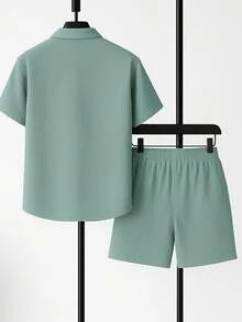 Men's Summer Solid Color Short Sleeve Casual Shirt And Tie Waist Shorts, 2 Pieces/Set Casual Outfits - Mint Green - View 2