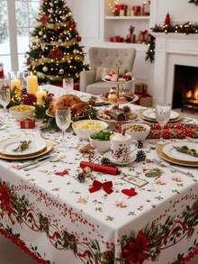 1pc Christmas Holly Berry Red & Green Print Design Table Cover, Durable Polyester Tablecloth Suitable For Rectangular, Round Tables, Multiple Sizes Available, Home Decor Tablecloth, Dining Table Throw, Holiday Patio Fireplace Decoration, Wedding Garden Farmhouse Table Fireplace Decor, Easy-To-Clean Holiday Dining Table Setting, Indoor, Outdoor, Christmas Decoration, Room Decor - Multicolor - View 2