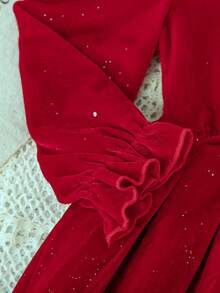 Mädchen Herbst/Winter Konfetti Muster Rüschen Kragen & Rüschen Ärmel Kleid, rote Farbe passend für Feiertage und zum Tragen mit Schwestern. Geeignet für Weihnachten, sehr passend für Lässig und täglichen Tragen im Herbst/Winter sowie Schulkleidung - Bordeaux - Übersicht 4