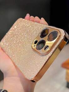 Sequins 1pc Matte Glitter Bling Plating Frame Leather Sequin Phone Case Compatible With IPhone 17 Air 16 15 14 13 12 11 Pro Max Plus Soft TPU Back Cover - Gold - View 2