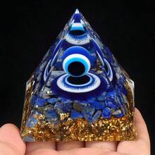 1pc Natural Aquamarine Crushed Stone Evil Eye Ball Resin Energy Pyramid Healing Gemstone Pebble Decor Gift - Blue - View 1