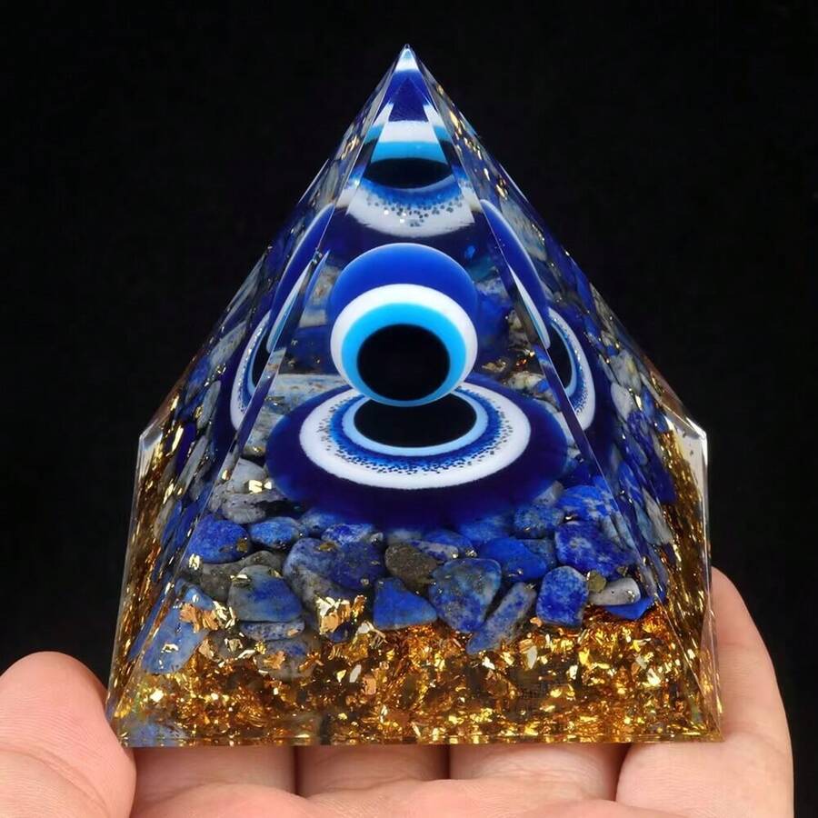 1pc Natural Aquamarine Crushed Stone Evil Eye Ball Resin Energy Pyramid Healing Gemstone Pebble Decor Gift - Blue - View 1