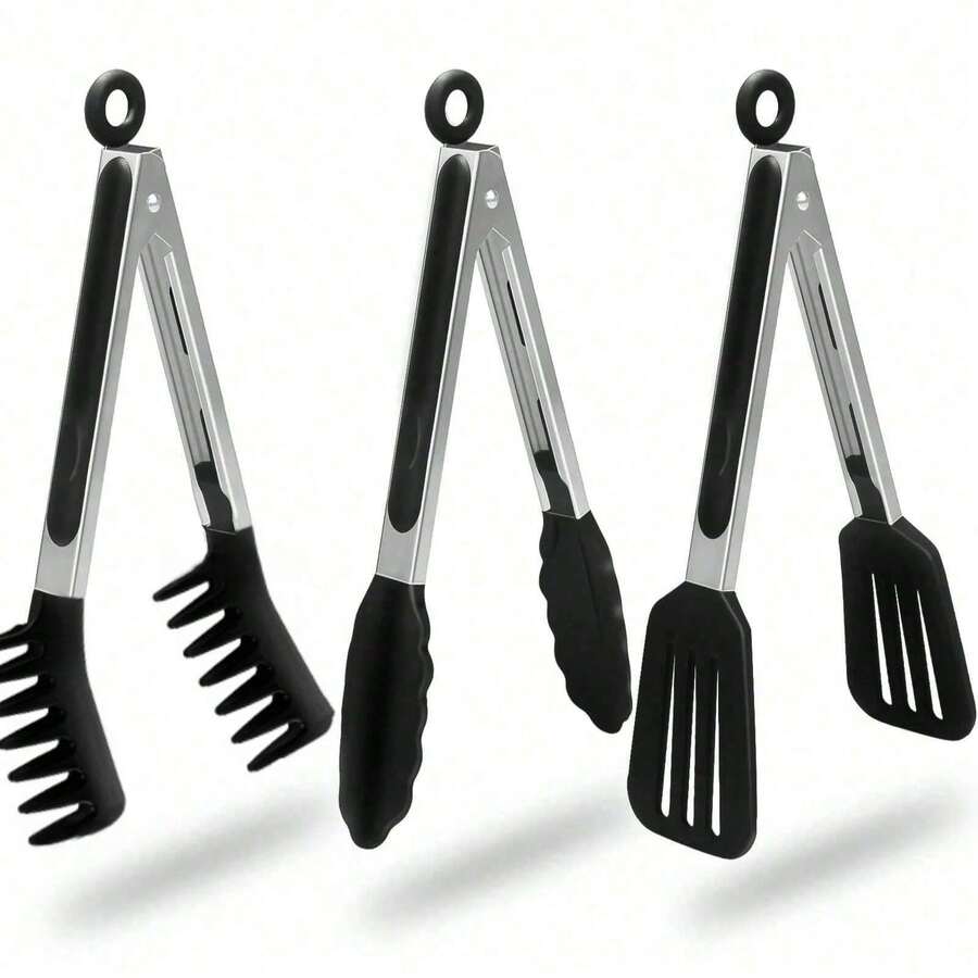 3件/2件/1件装不锈钢耐热食物夹，适用于烧烤、意面、面包、沙拉等。