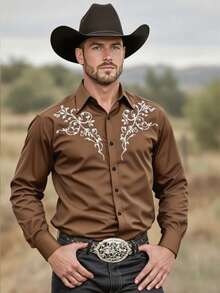 Men's Rugged Style Versatile Black Shirt, Unlock The Charm Of A Western Cowboy, Men's Printed Long Sleeve Shirt, Fashionable And Stylish, Ignite The Street,Fall - Brown - View 8