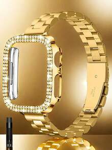 2 piezas/set correas de acero inoxidable + funda compatible con Apple Watch. Acero macizo de 14 mm. Compatible con Apple Watch de mujer, correa estrecha dorada. Compatible con Apple Watch de 38/40/41/42/44/45/49 mm y Apple Watch Ultra2/1/Se/9/8/7/6/5/4/3/2/1. Correa de metal + funda protectora ahuecada con doble hilera de diamantes de imitación brillantes. Cómoda, impermeable y moderna.