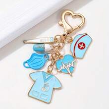 1 Piece Classic Nurse Hat Thermometer Pill Mask Heartbeat Nurse Set Drip Oil Alloy Keychain - Màu xanh lam - Xem 2