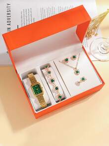 5pcs/Set Minimalist Fresh Style Women's Green Square Dial Quartz Watch With Rhinestones, Elegant Gift Set Suitable For Holidays, New Year, Gifts For Relatives And Friends, Birthday Gifts - Multicolor - View 2