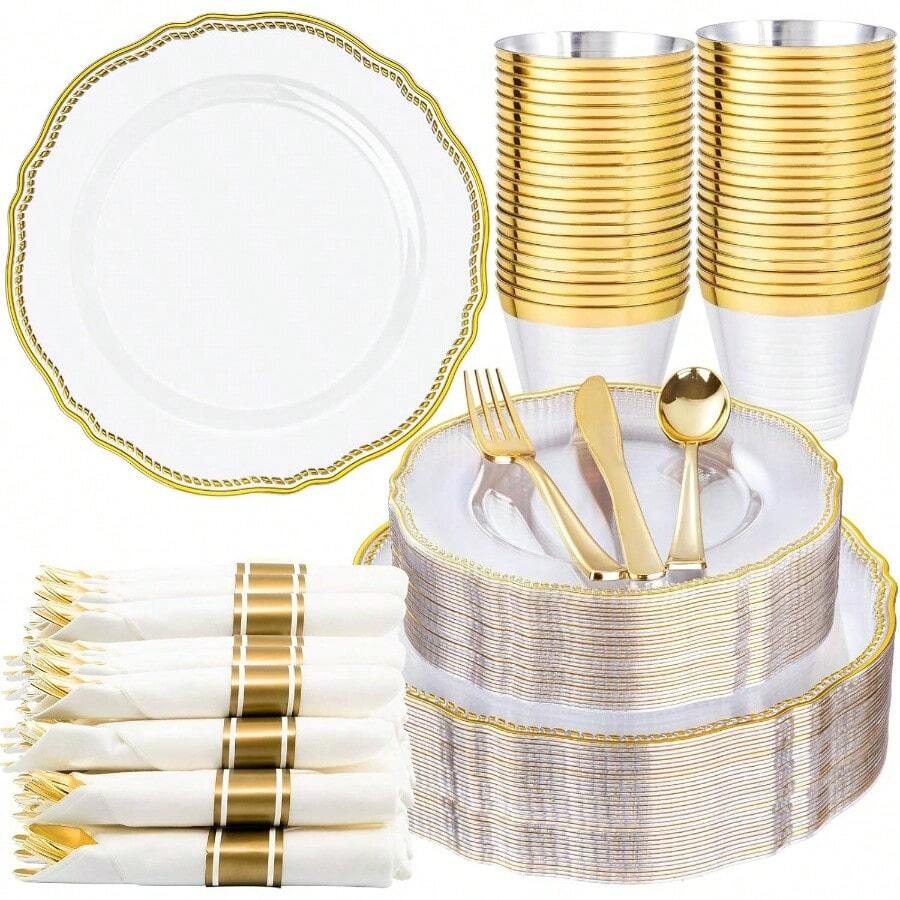 350 piezas Platos de plástico dorado - Juego de vajilla de plástico dorado que incluye 50 platos de cena, 50 platos de postre, 50 vasos, 50 servilletas enrolladas con cubiertos para bodas y fiestas - y Dorado + 350 Piezas (50 Invitados) - Ver 1