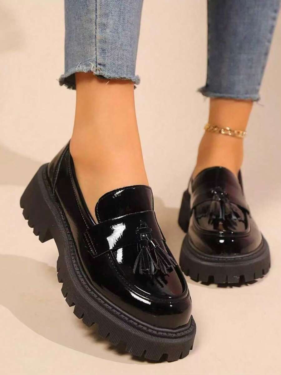 Giày lười phong cách Anh giản dị mùa xuân 2024 dành cho nữ, giày bệt cổ sâu dành cho sinh viên - màu đen - Xem 1