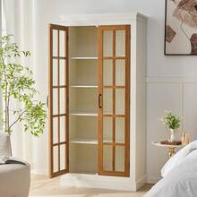 71.2'' Freestanding Pantry Cabinet With Glass Door, Farmhouse Display Cabinets With Adjustable Shelevs, Curio Cabinet With Lattice Window For Hallways, Livingroom Kitchen & Office, White & Brown RR