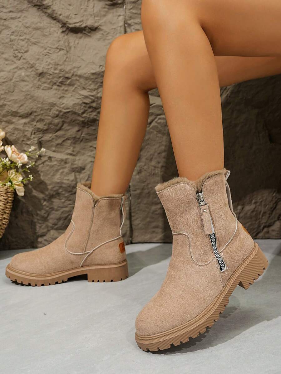 25 pièces Bottes de neige classiques, antidérapantes et chaudes, en daim synthétique, style western polyvalent avec fermeture éclair latérale, chaussures de sport d'extérieur pour femmes pendant les vacances