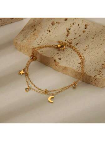 1 件时尚简约 18K 镀金不锈钢星形锆石手链，防锈，适合女性和情侣日常佩戴