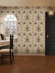 1 Rotolo (1m/3m/5m) Carta da parati stile artistico floreale vintage beige e nero, rimovibile e autoadesiva, carta da parati in vinile per decorazione fai-da-te della casa, sfondo per stanza, camera da letto, cucina, soggiorno, bagno, armadio, rinnovo dei mobili