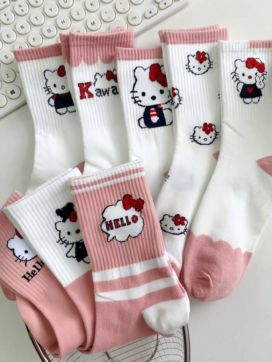 5 Pairs Ruffle Trim Mid-Calf Socks, Cute Cartoon Fashion Versatile Loose Socks