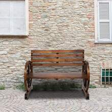 Outvita Wooden Wagon Wheel Bench, Rustic Outdoor Lounge Furniture, 2-Person Seat Bench With Backrest & Slatted, Carbonized - Brown - View 3