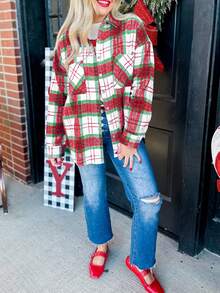 Acelitt Chaqueta casual de mujer con cuello de camisa, estampado a cuadros rojos de Navidad, parches y bolsillos, para invierno