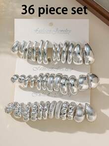 12-36pcs/Set Fashionable Silver Teardrop & C-Shaped Textured Earrings, Classic Styles For Women, Suitable For Year-Round Wear