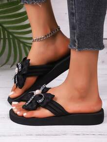 Sandalias de verano con lazo de encaje de moda, con decoración de punta abierta, elementos glamorosos de perlas, regalo perfecto para mujeres y niñas