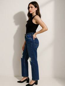 Jeans Rectos Rasgados con Tiro Alto Tandera - Azul - Ver 2