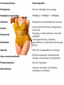 Set de 3 bodys de encaje para mujer. Multicolor. Diseño de encaje, delicado y sexy, tela de poliamida y elastano, aptos para cualquier temporada. Copa ligeramente acolchada removible, espalda descubierta con tirantes delgados entrecruzados, abertura en la parte alta del abdomen. Suaves y cómodos, con broches de ajuste en la entrepierna. Te llegarán 3 bodys en colores al azar. - Multicolor - Ver 5
