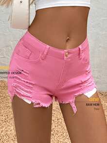 Women Pink Denim Short Shorts With Raw Hem Button Zipper Details Casual Cute Medium Stretch Straight Leg Summer Style - 粉色 - 查看 4