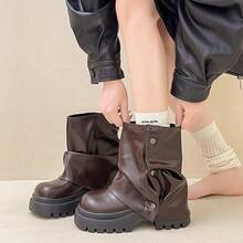 Bottines style britannique avec rivets, bottes à poils pour femmes, automne et hiver, semelle épaisse, talon épais amincissant, bottes à talon haut - Noir - Voir 5