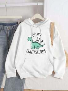 Cartoon Dinosaur Pattern Print Sweet And Gentle Temperament Fall Clothes Plus Size, Autumn And Winter Women's Plus Size Casual Dinosaur Pocket Drawstring Hoodie Fall Tops Women, Women's Fall Plus Size Clothes
