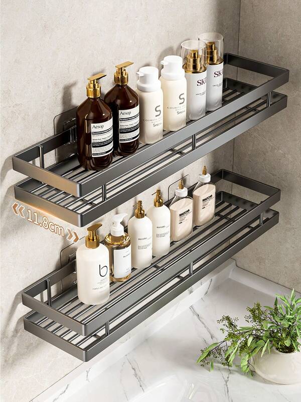 1 pieza Estantería de almacenamiento para baño montada en la pared, de material metálico, con gran capacidad, estante de ducha, estantería de almacenamiento de artículos de tocador, estantería de almacenamiento para baño y cocina, estantería perforada para drenaje, estantería para botellas, almacenamiento de pared para baño, apta para baño, cocina, balcón, tocador, área de ducha, sin necesidad de perforar para la instalación