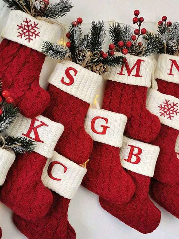 1pc Red Knit Monogram Stocking, Christmas Stocking Ornaments Gift Bags, Small Xmas A-Z Letters Snowflake Pattern Christmas Hanging Stockings Socks For Christmas Party Decorations 2025, New Year Party Favors Supplies, Christmas Decor, Christmas Party Supplies, Christmas Hanging Decor For Tree Fireplace