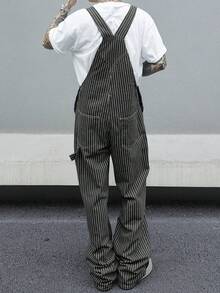 Men's Casual Striped Loose Fit Straight Leg Denim Bib Overalls, All Season