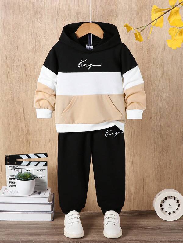 Young Boys' Colorblock Letter Graphic Hoodie And Knit Pants Casual Outfit, Suitable For Autumn/Winter