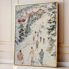 1pc Vintage Winter Ski Scene Watercolor Poster - Unframed, Scenic Snowy Landscape With Skiers And Gondolas, Ideal For Home Or Office Decor, Perfect For Christmas, Easter, Valentine'S Day, Anniversaries, And Beach Parties, Vibrant Wall Art For Indoor Or Outdoor Use, Winter Wonderland Decor Home Decor Christmas Decorations Room Decor