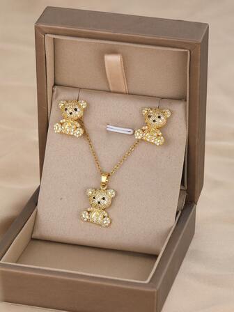 3 件套儿童可爱时尚方晶锆石装饰熊项链和耳钉，适合女孩甜美可爱街头派对约会节日精美珠宝，适合儿童生日礼物