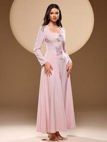 Robe carrée à col carré pour femme, de couleur unie, avec décoration florale élaborée de perles et de broderie. Robe longue à manches longues et évasée, convenant à de multiples occasions, rose, mariage de printemps - Rose bonbon - Voir 5