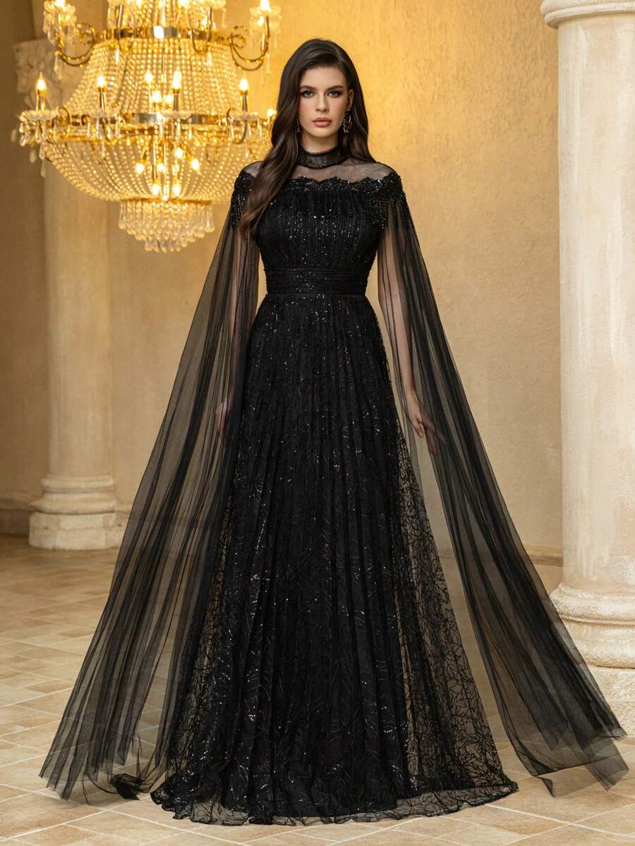 UNITHORSE [Random Print] Women's Stand Collar Fringe Sleeve Fitted Evening Dress Wedding