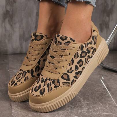 Women's Leopard Print Brown Non-Slip Comfortable Versatile Lightweight Thick Sole Casual Sneakers