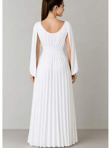 Long Pleated Dress V-Neckline Bridesmaid Dress For Wedding Graduation And Parties - 白色 - 查看 3