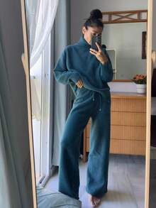 GIGOGOU 女款針織毛衣套裝 + 運動長褲，秋冬保暖 - 墨綠色 - 查看 12