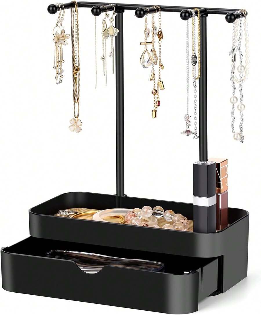 Jewelry Holder Organizer, Jewelry Display Stand With Metal Holder And Plastic Tray, Black Double-Layer