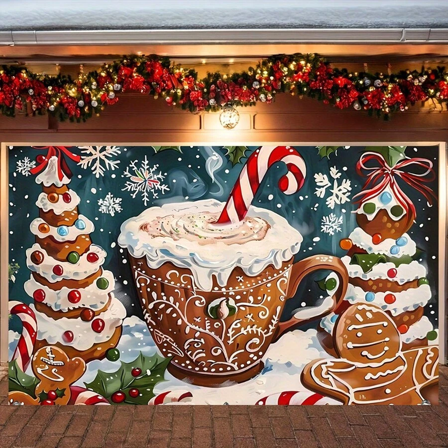 A Christmas Milk Tea Cake Gingerbread Man Pattern Garage Door Curtain Decorative Background Banner Background Cloth, Used For Party Background, Holiday Celebration, Photography Background Sign Poster Decoration Supplies, A Variety Of Sizes Can Be Selected