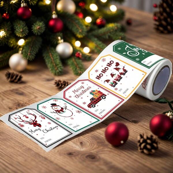100 Pegatinas/Rollo Pegatinas con patrones navideños, etiquetas de papel festivas con mensajes como "Ho Ho Ho", "Alegría", "Feliz Navidad", etc., adecuadas para decoración de regalos de Navidad, Navidad, Día de San Valentín, Decoraciones navideñas, Pijamas navideños, Regalos de Navidad, Decoración navideña
