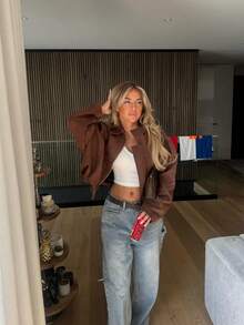 Solid Color Front Zipper Pocket Jacket Coat, Casual Long Sleeve Bomber Jacket For Women, Spring/Autumn Loose Long Sleeve Zipper Retro Jacket, Regular Faux Suede Casual Jacket