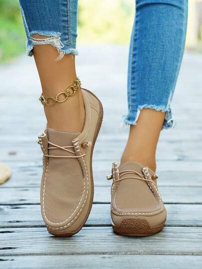 Women's Vintage Lace-Up Leather Loafers, Lightweight Comfortable Non-Slip Soft Sole Fashion Flats